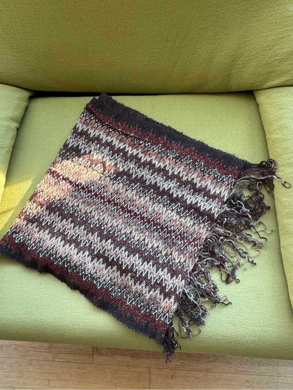 Missoni Chevron Knit Sparkly Scarf with Fringe in Brown, Cream, Orange & Gold